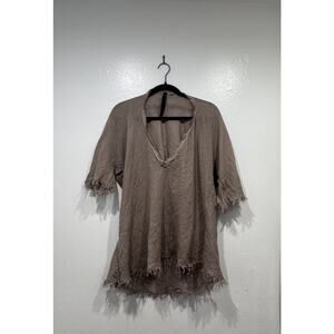 Jaga DTLA 100% Linen Short Sleeve Blouse V Neck Fringe Trim Coastal Boho Light